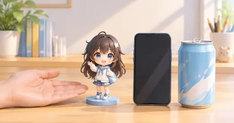 8cmフィギュアは手のひらやスマホ、缶と同程度のサイズです